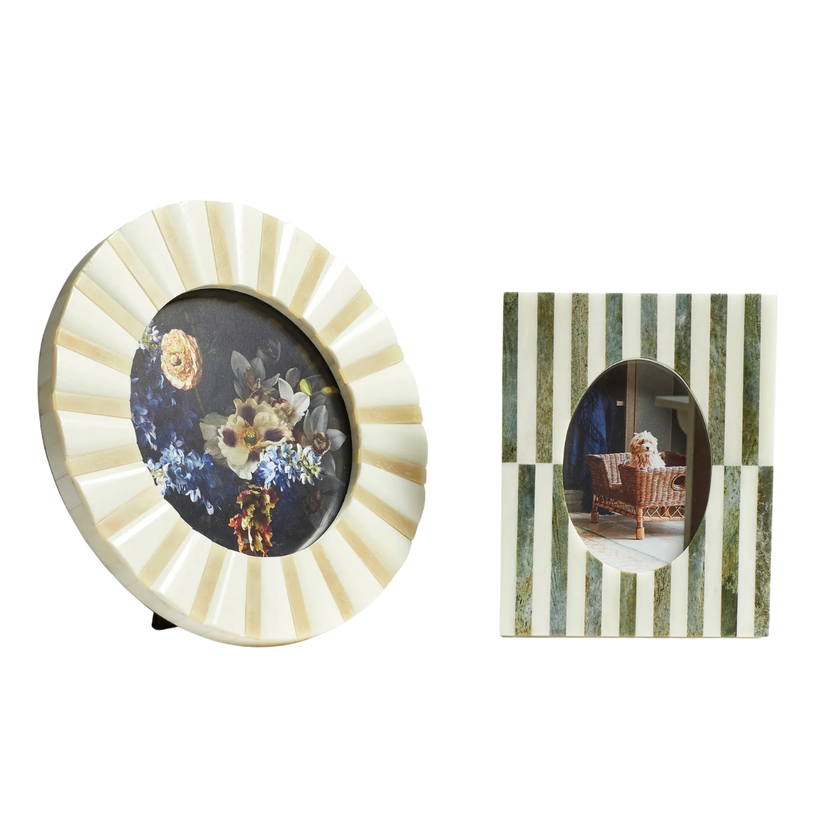 A cream circle picture frame and a rectangle white and green stripe picture frame