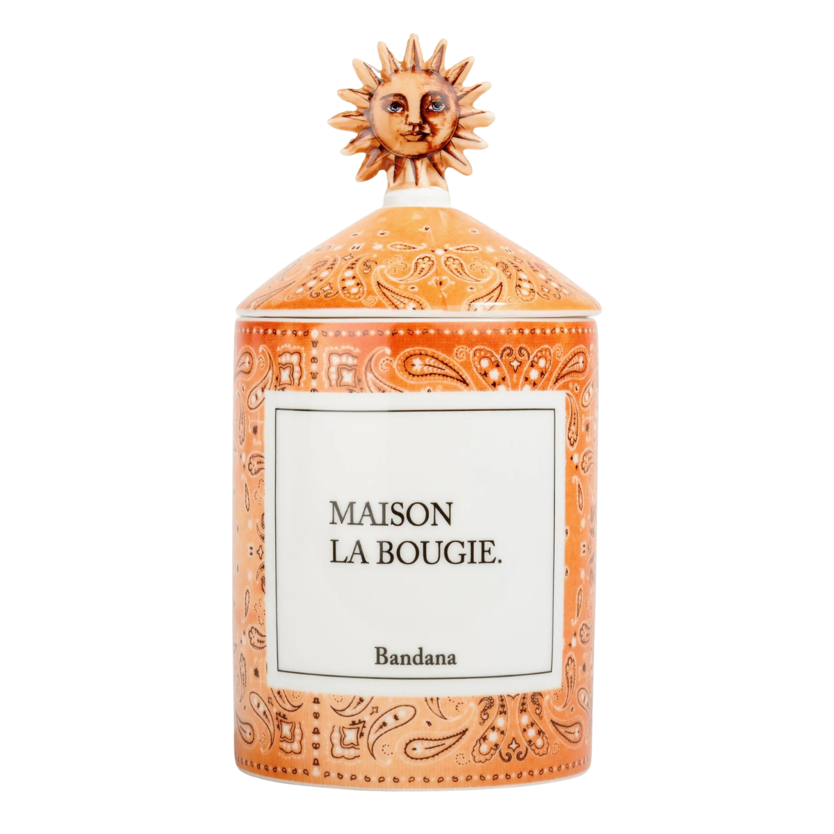 a ceramic candle in an orange bandana print and a sun on the lid