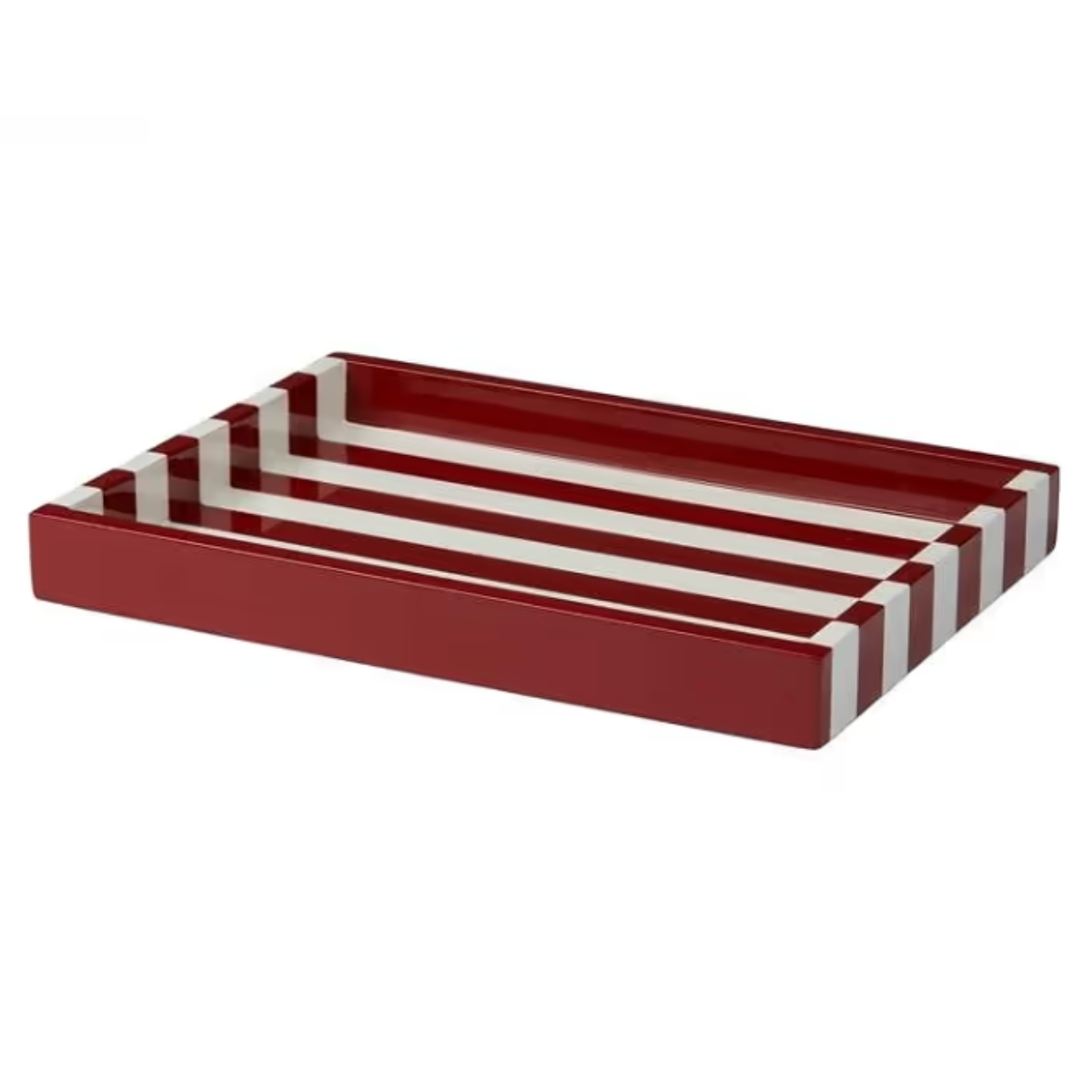 a burgundy tray with white stripes