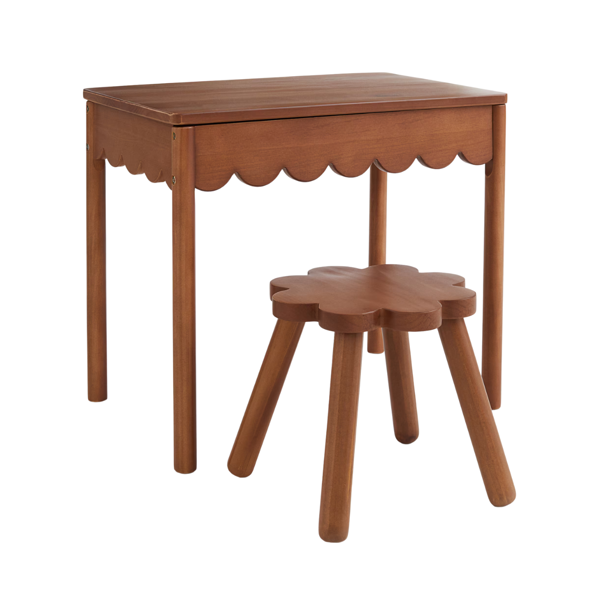 A WOODEN SCALLOPED DESK AND STOOL