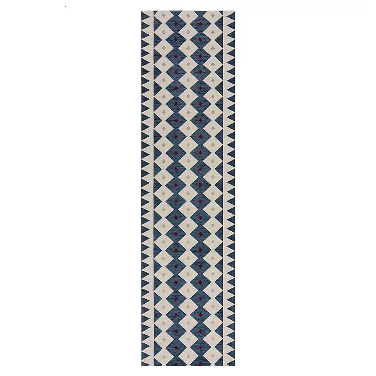 a navy and white geometric print runner