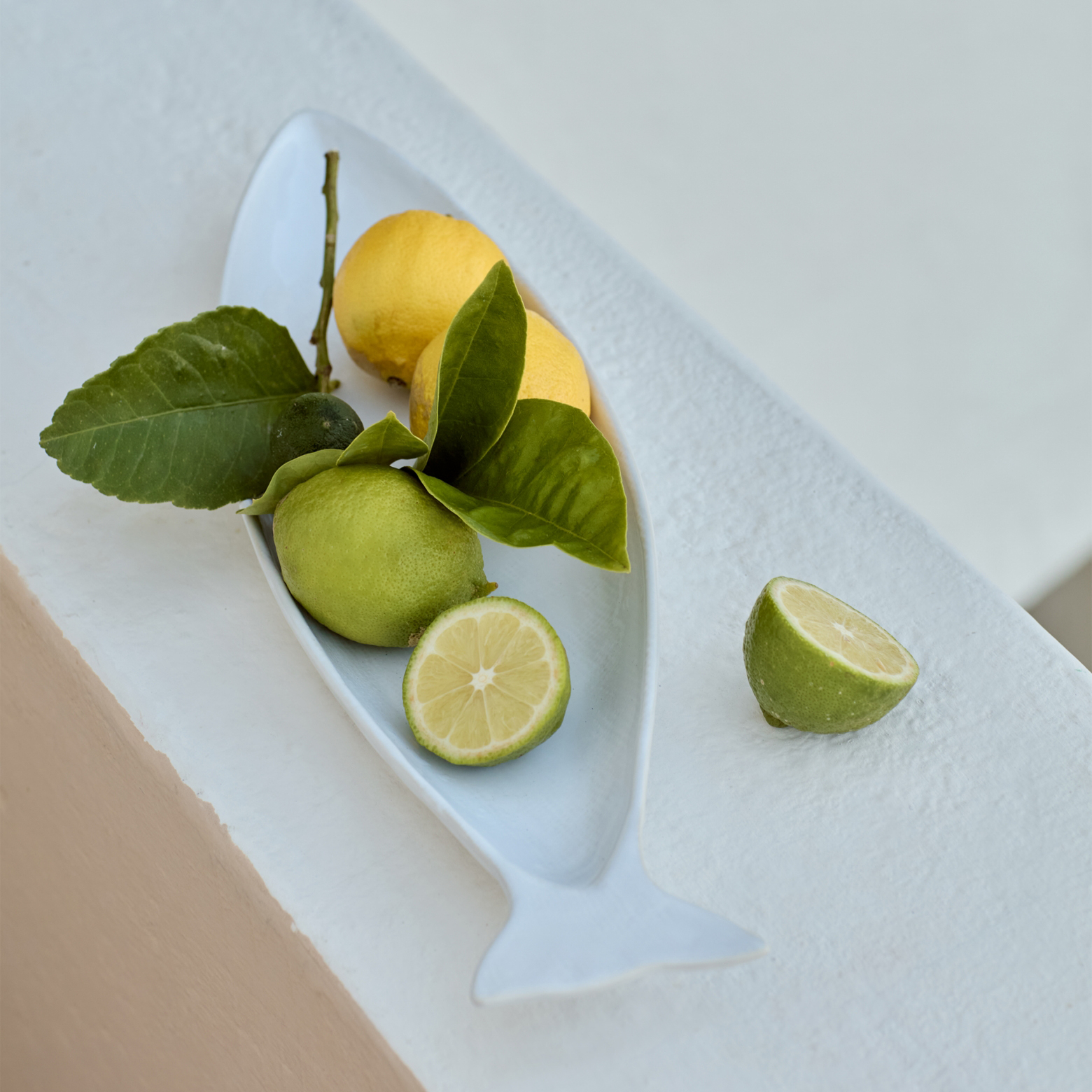 a white fish shaped serving platter with lemons and limes inside