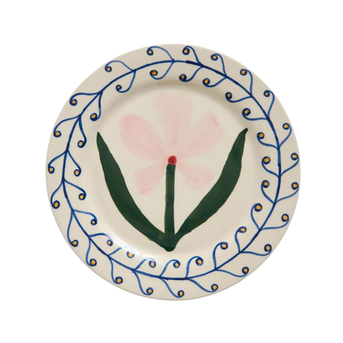 a white plate with painted flower