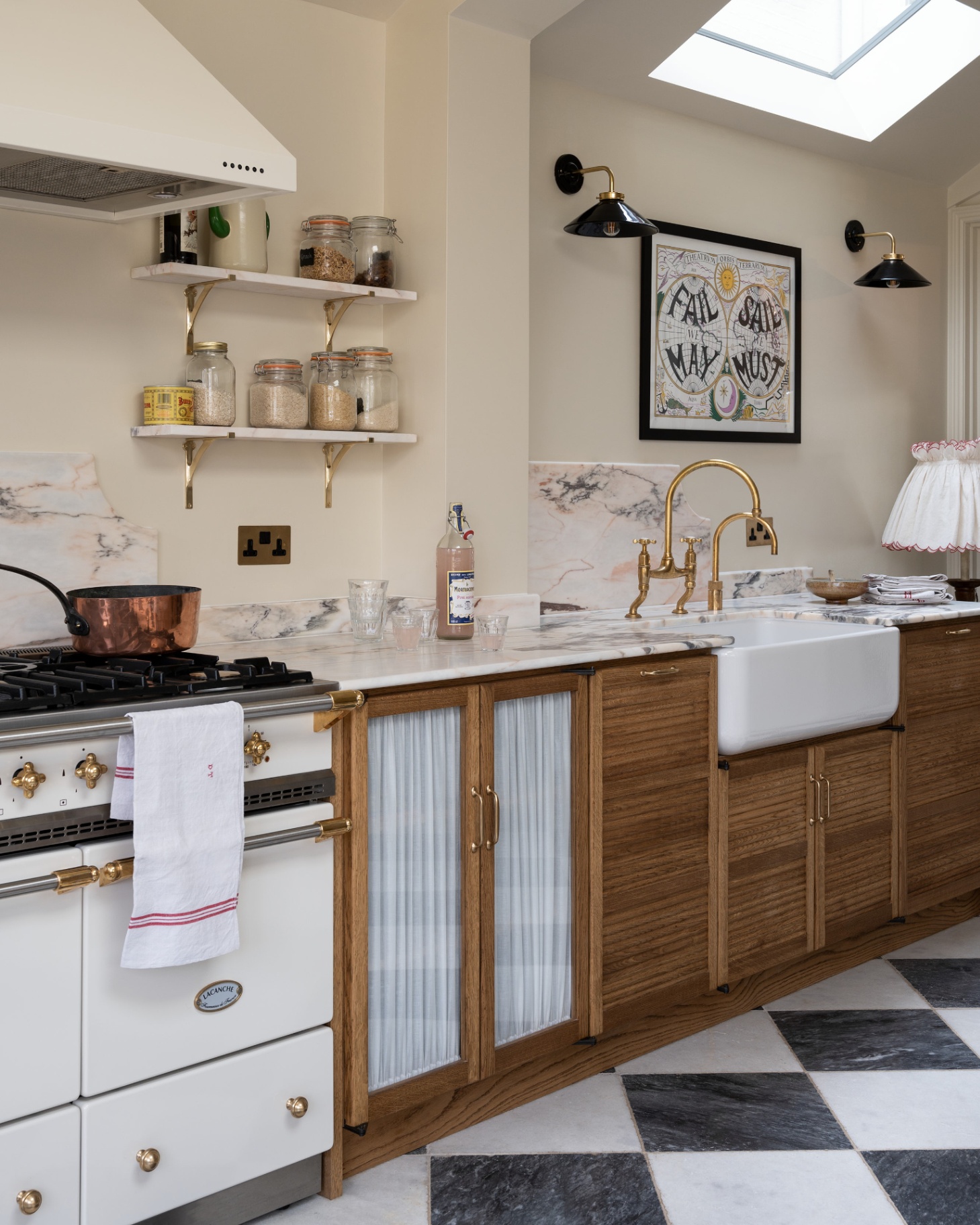a kitchen with black and white checkerboard flooring, wooden cabinets with one with glass front and curtains, a white range cookers and marble splashback