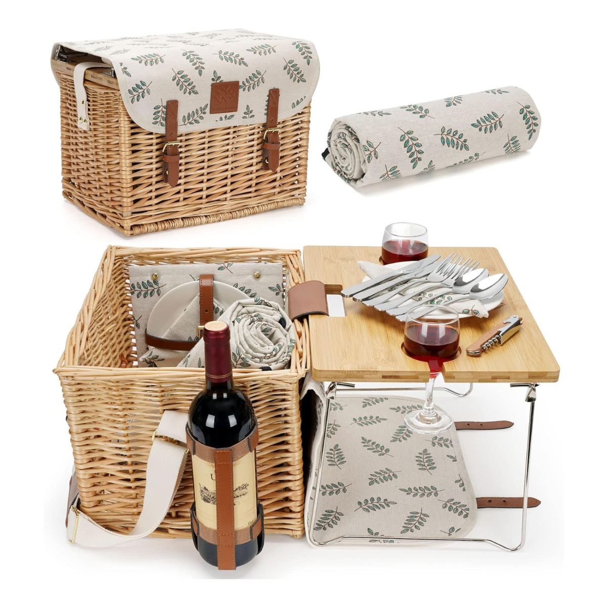a square picnic basket with cream and green leaf lining and a fold out table with wine cup holders