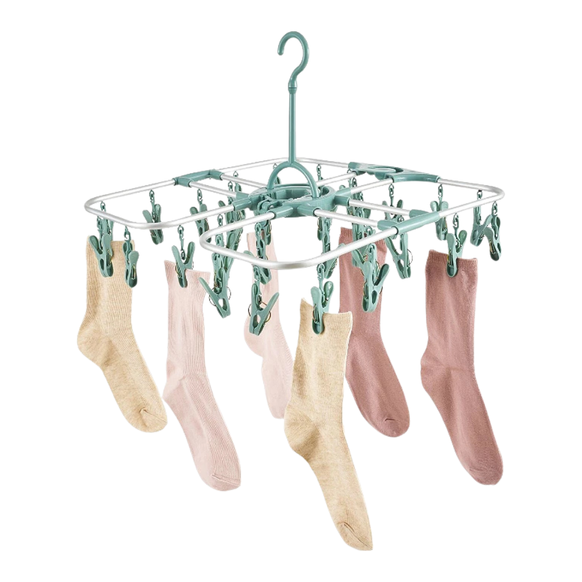 a sage green and white sock airer