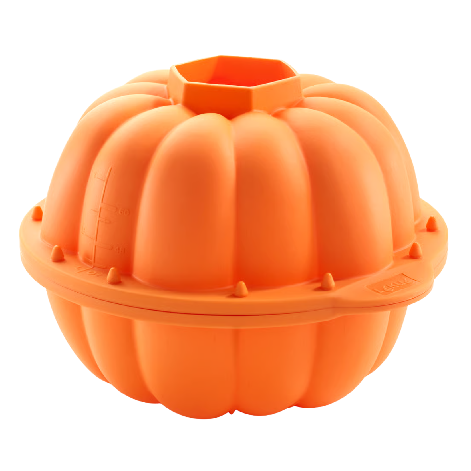 Bright orange Lékué two-piece silicone cake mold shaped like a 3D pumpkin with a center fill spout