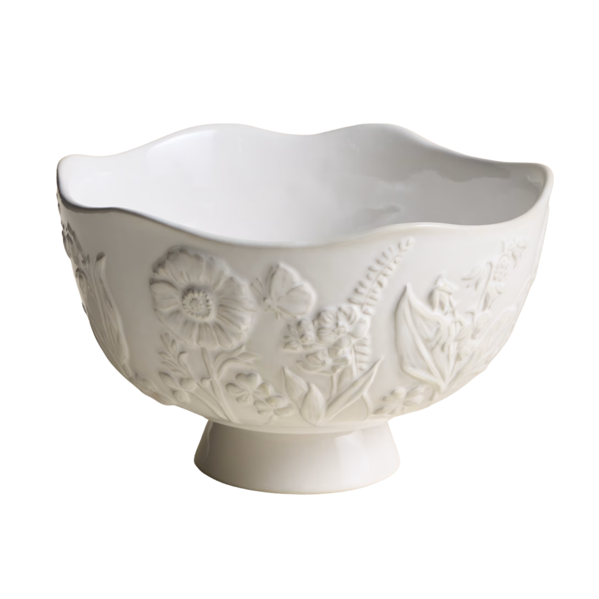 a white stone footed serving bowl with botanical pattern