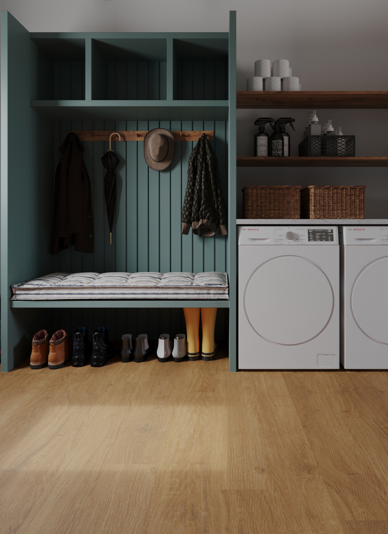 a bootility room, with wood floors, an open cupboard with blue panelled walls, a bench with a cream cushion and two washing machines next to it