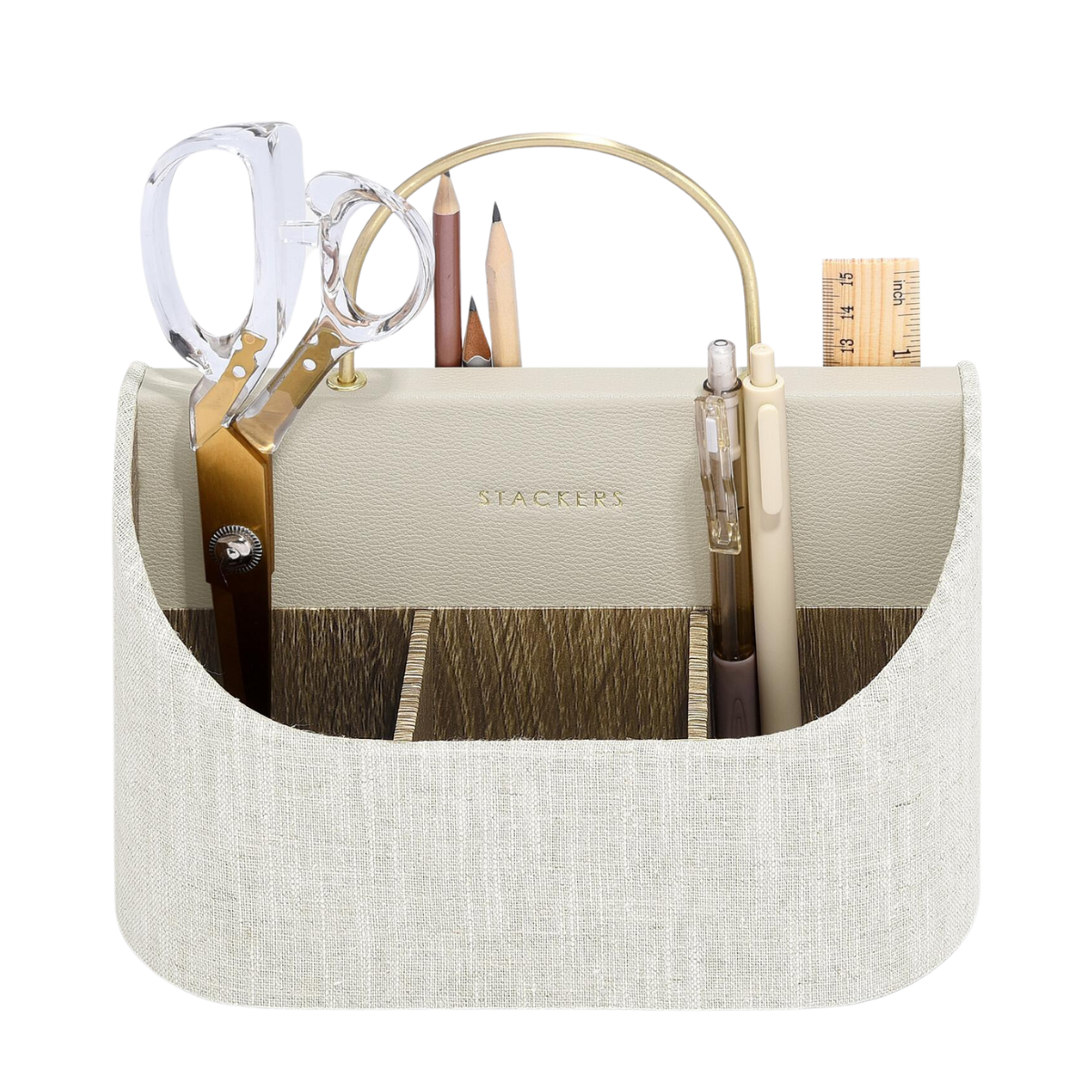 linen and faux cream leather desk storage caddy