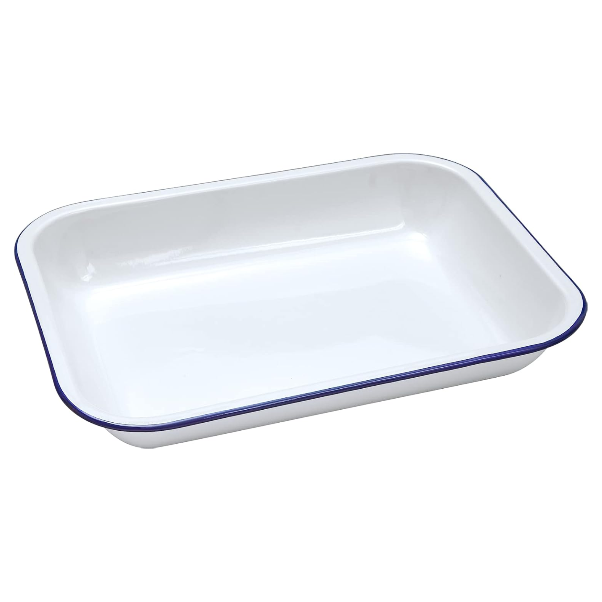 a white rectangular enamel roasting tin with a dark blue rim
