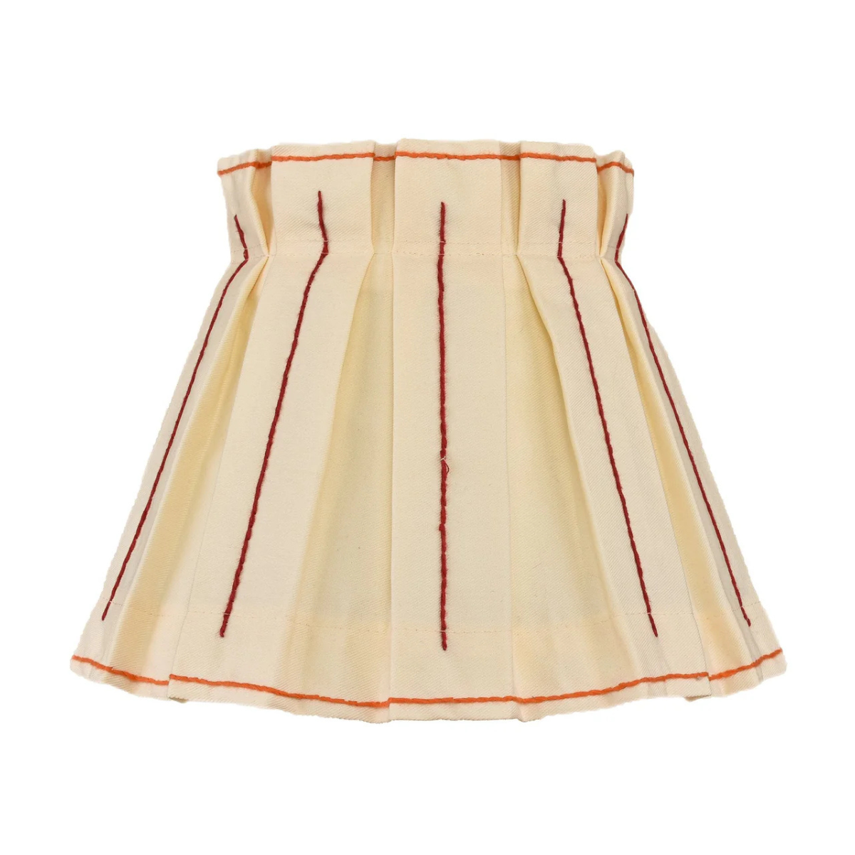a ruffled material cream lampshade with red thread detailing