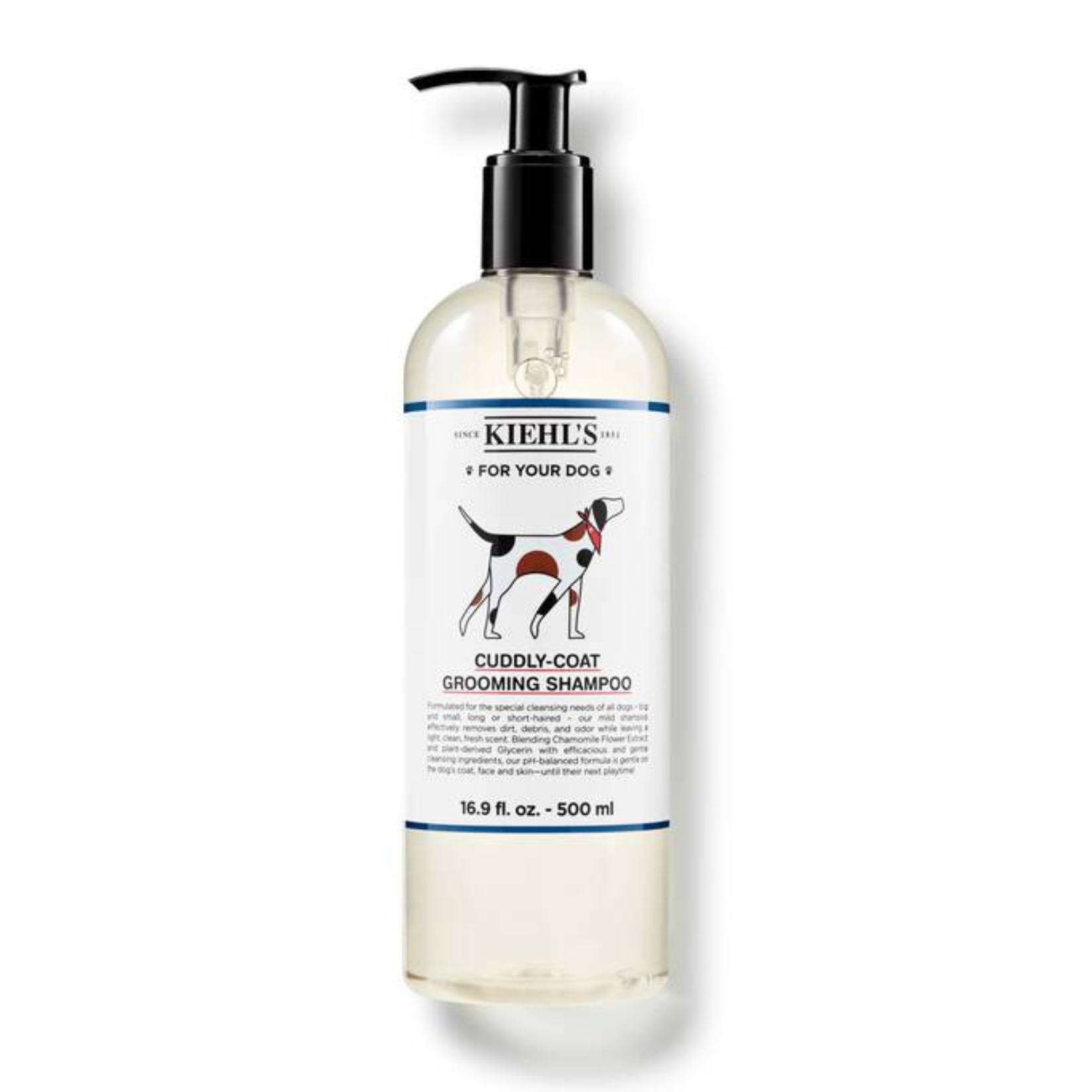 a clear bottle of kiehls dog shampoo with a white label with a dog on it
