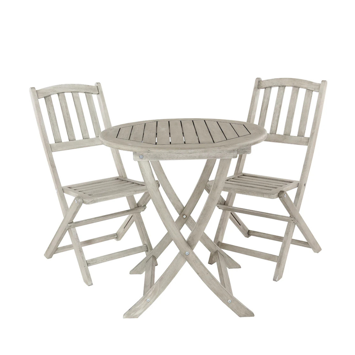 a light grey wooden 2 seat bistro set