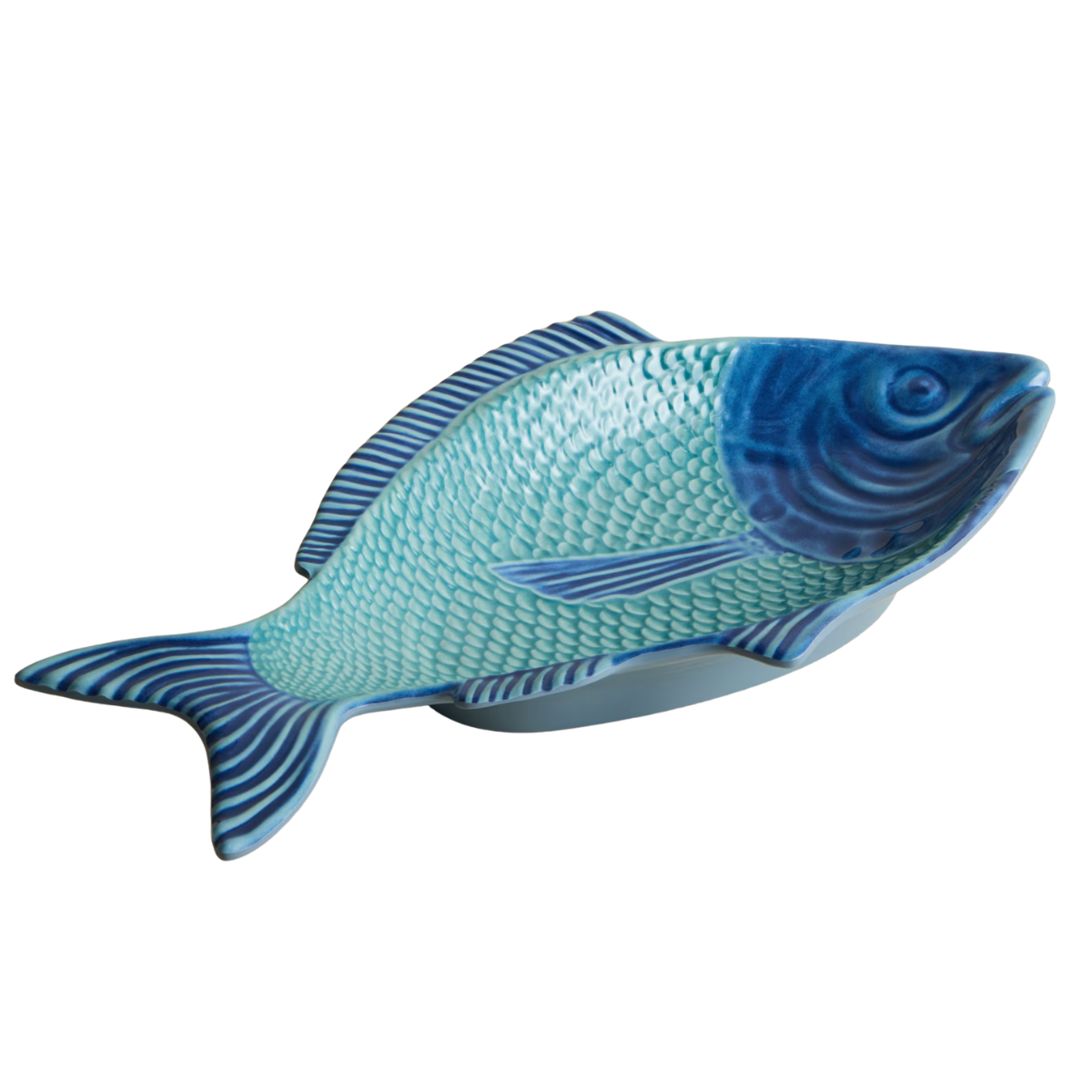 A blue platter in the shape of a fish