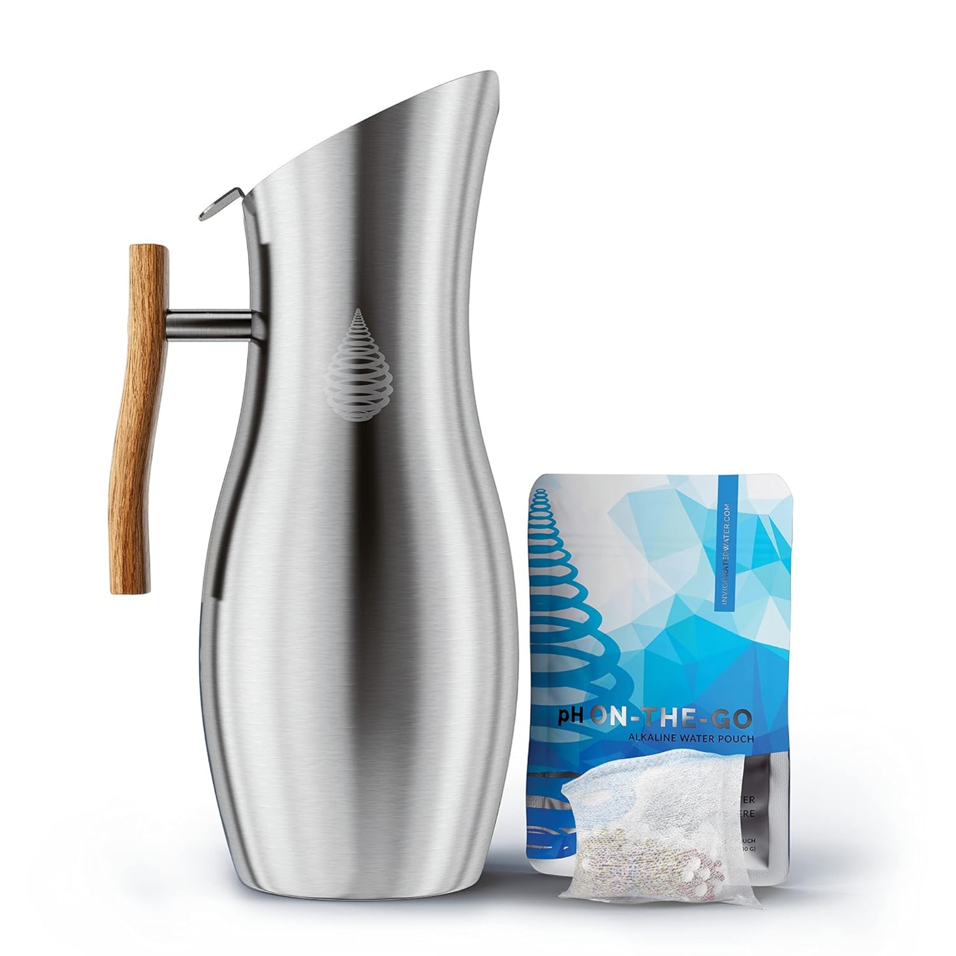  Invigorated Living Alkaline Water Filter Jug pictured in stainless steel with wood handle on a white background