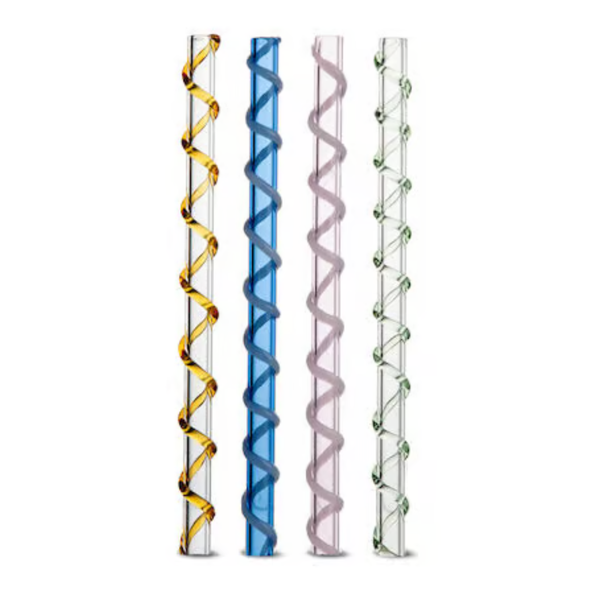 a set of four multicoloured glass straws with spiral details