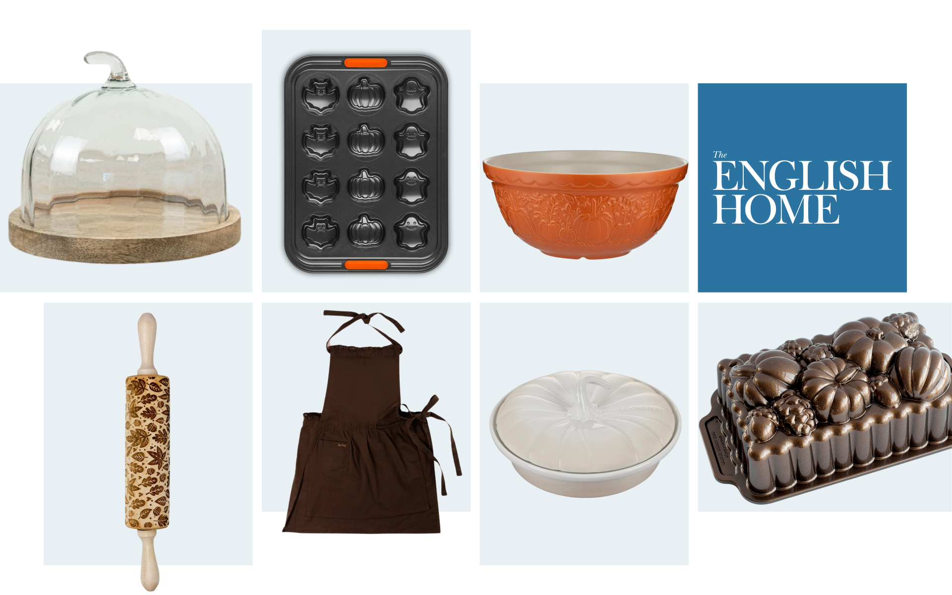 Product grid featuring seasonal autumn bakeware including a glass dome, Halloween muffin tin, orange Mason Cash mixing bowl, embossed rolling pin, dark brown apron, cream pumpkin pie dish, and bronze leaf loaf pan