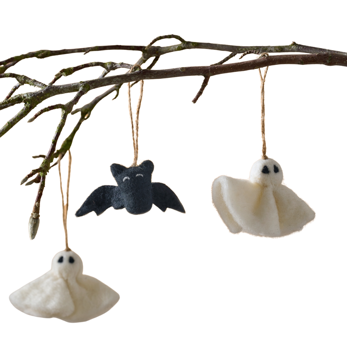 set of felt halloween decorations on a branch