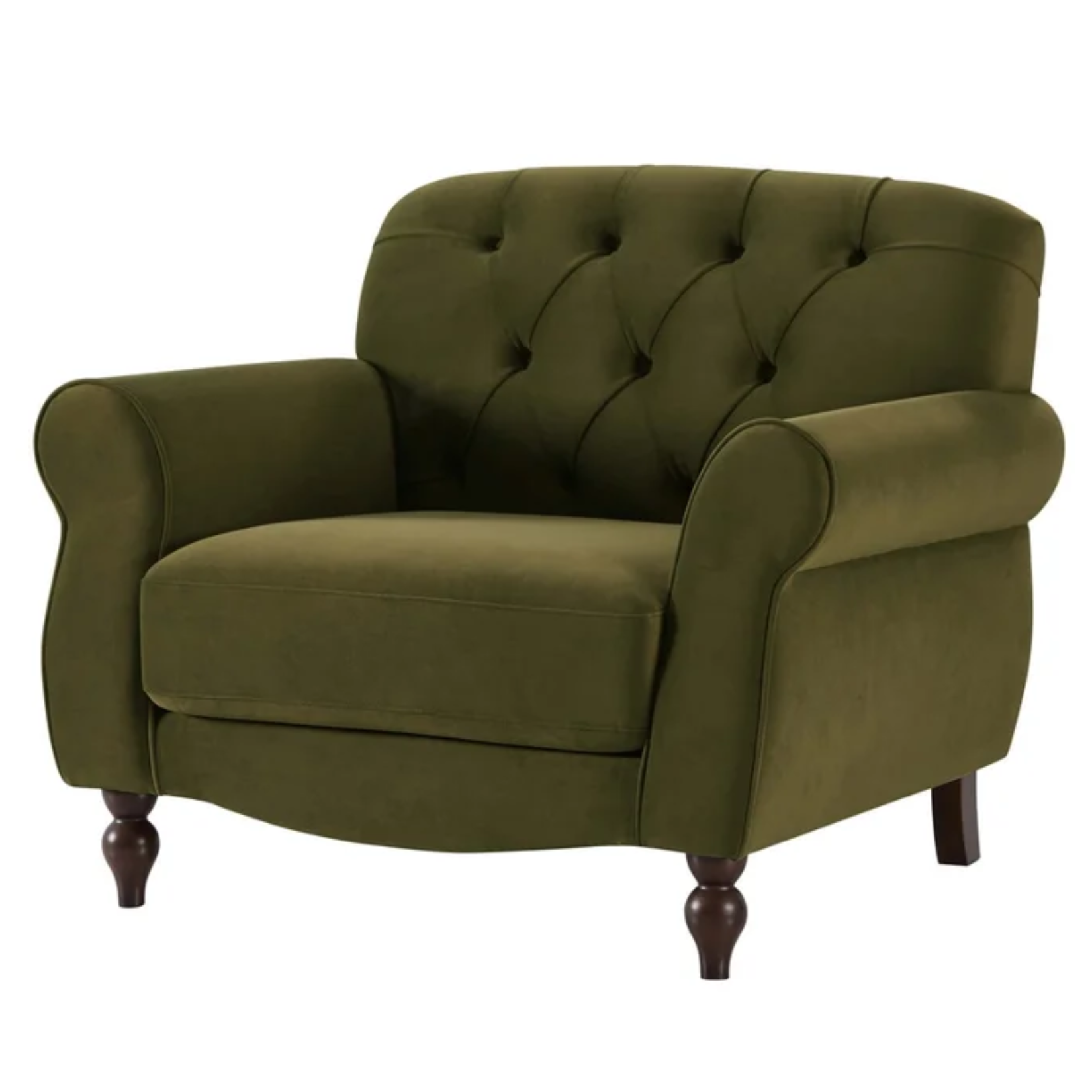 a dark velvet green button back armchair
