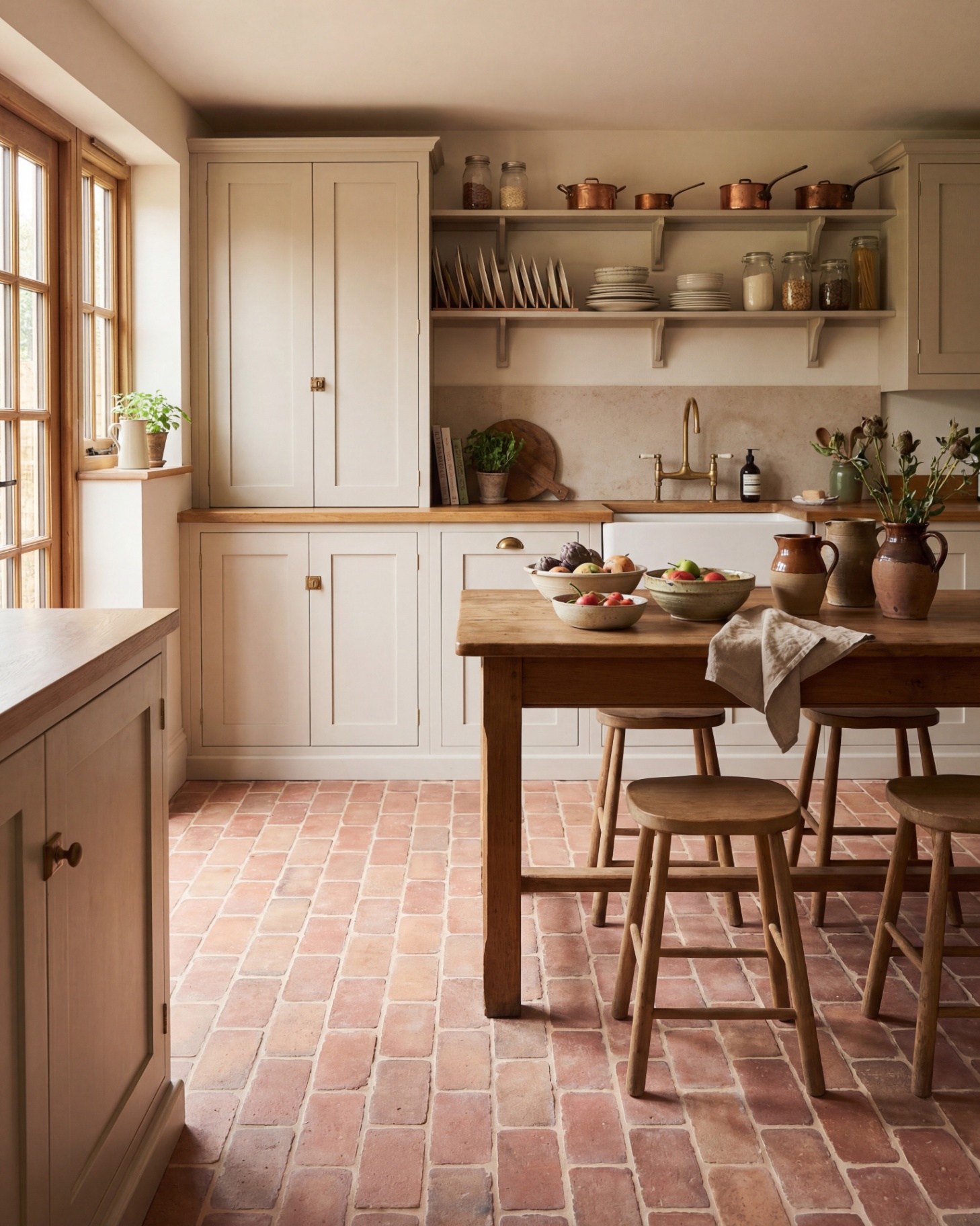 a kitchen with terracotta brick floor tiles, a wooden table and stools and white kitchen cabinets