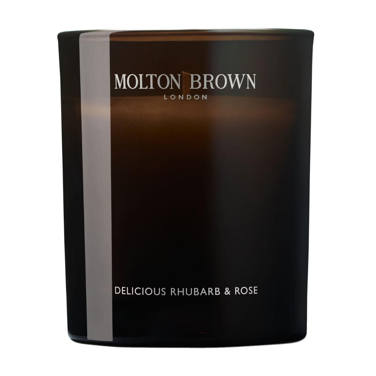 molton brown rhbuarb and rose scented candle in a dark brown vessel
