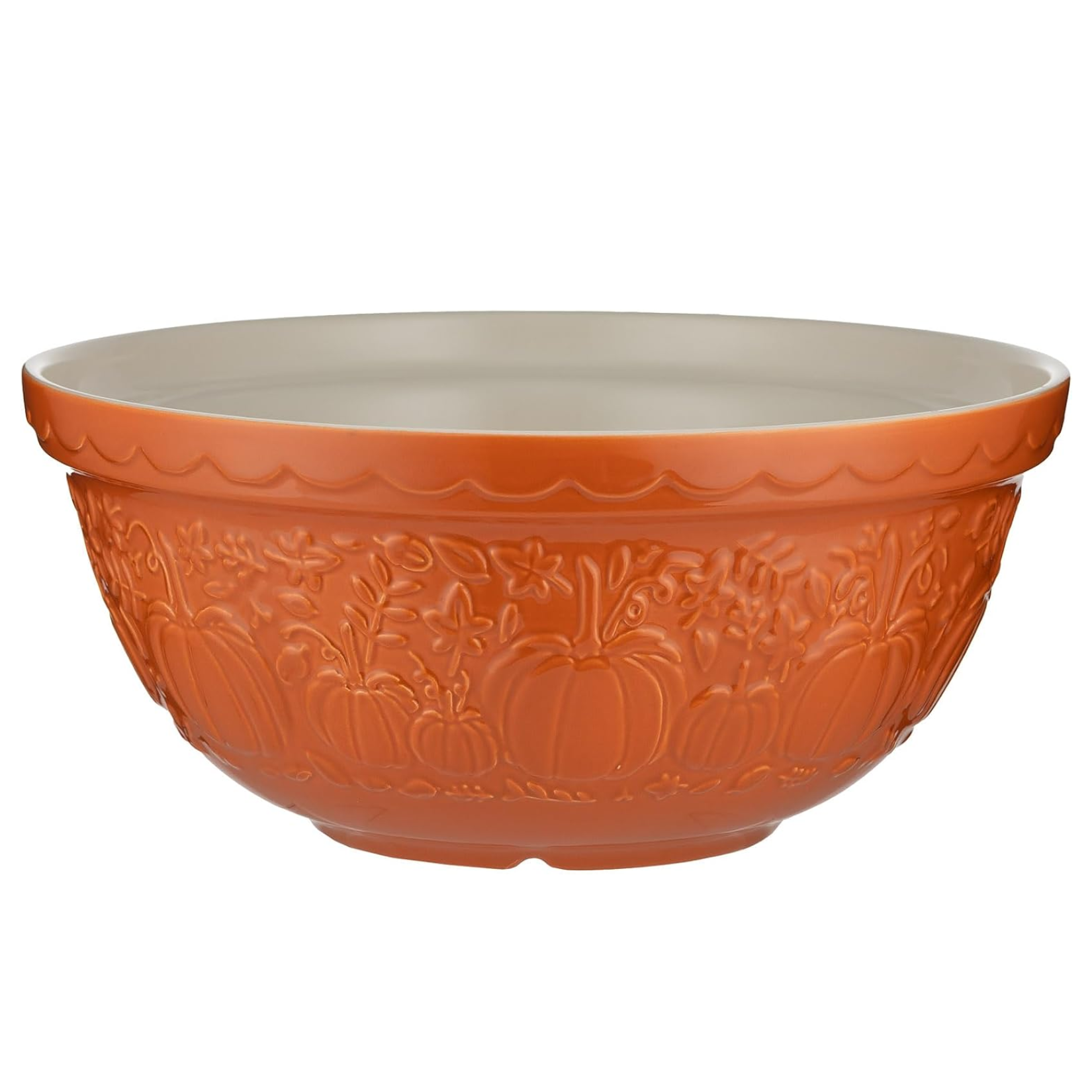 orange Mason Cash stoneware mixing bowl featuring embossed pumpkin and autumn leaf motifs around the exterior
