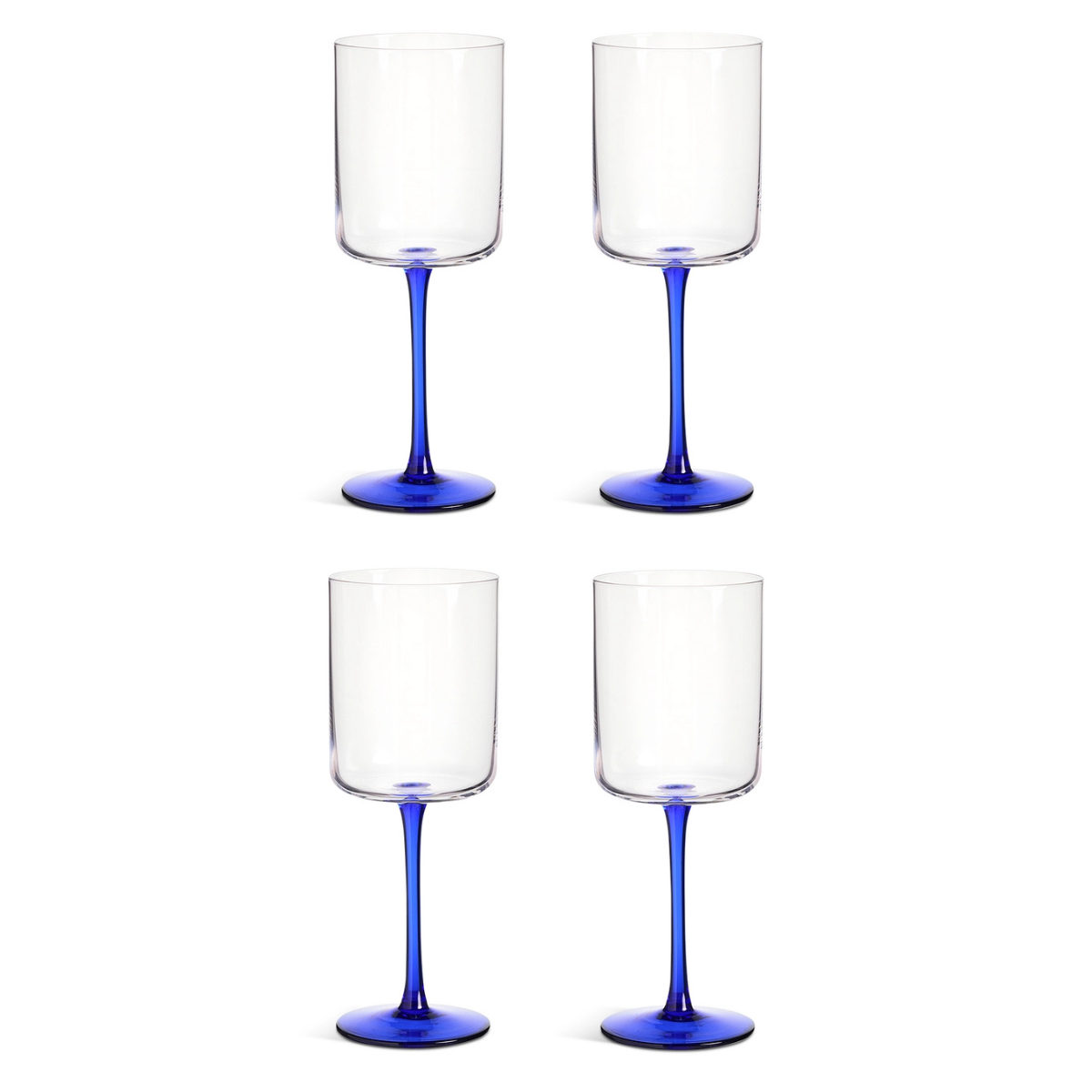 4 wine glasses with blue stems