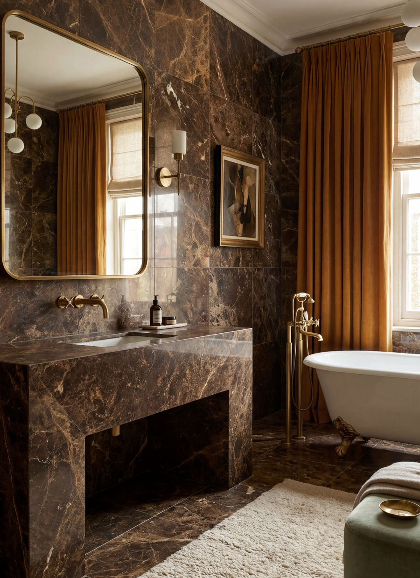 Luxurious brown marble bathroom featuring a matching marble vanity with a brass wall-mounted faucet and brass-framed mirror. A white clawfoot bathtub sits by a window framed with amber drapes, complemented by brass fixtures and soft lighting