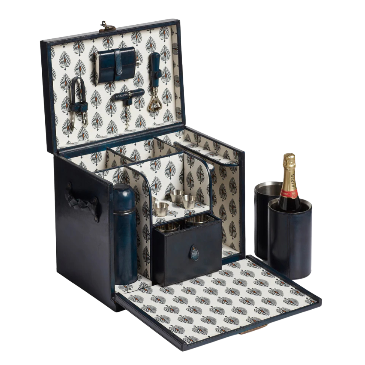 A LUXURY PORTABLE MINI BAR with cocktail accessories and a bottle of champagne