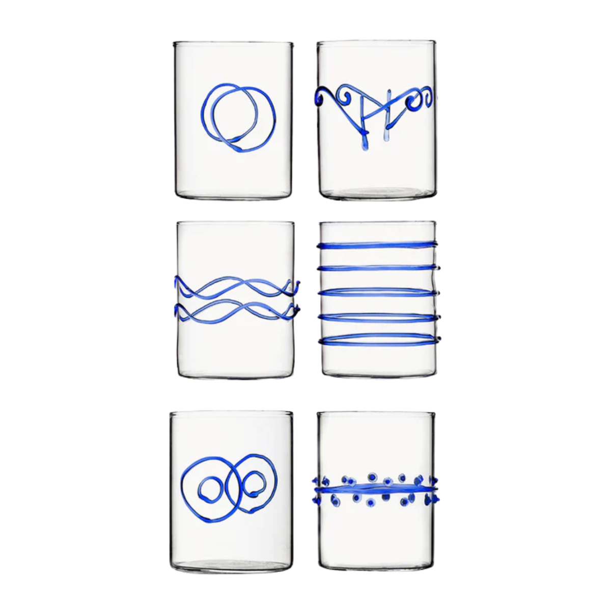 a set of 6 glasses with blue patterns
