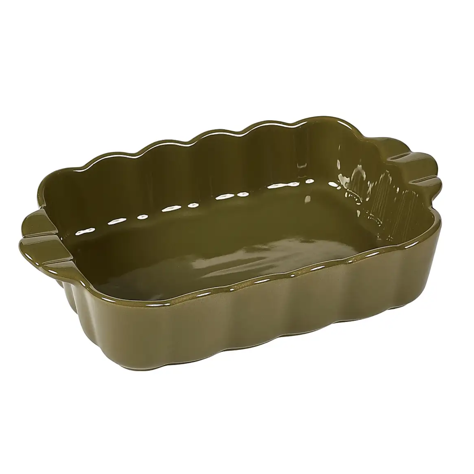 Olive green glazed ceramic rectangular baking dish featuring fluted, scalloped edges and integrated side handles
