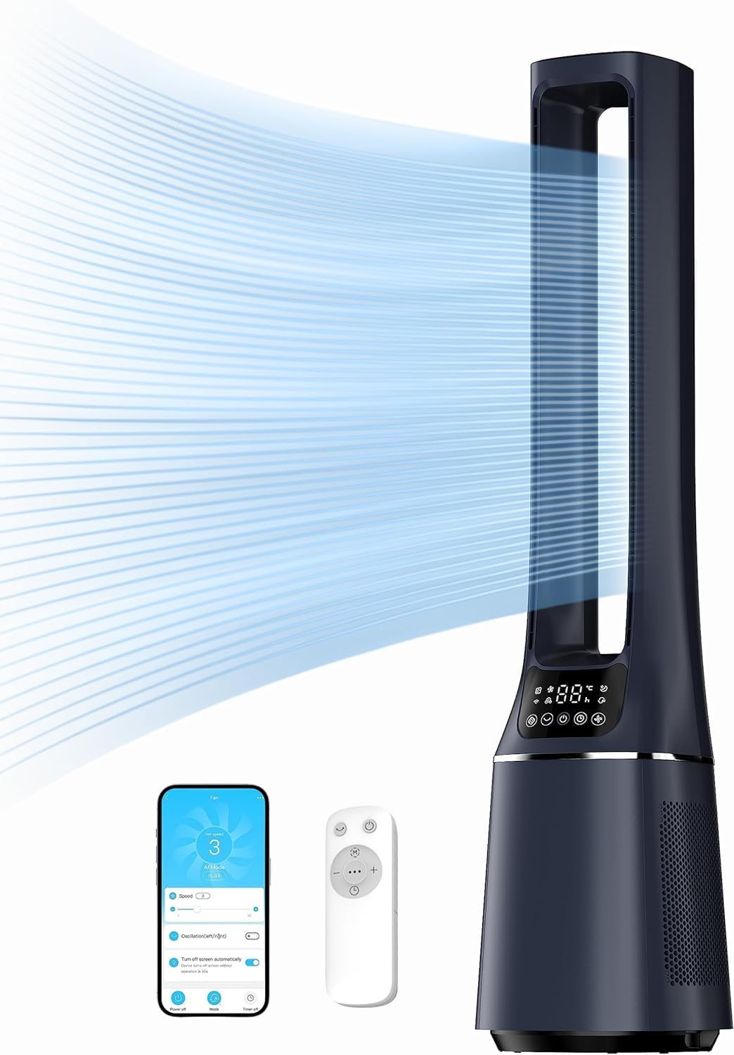 Midea 2-in-1 Bladeless Tower Fan pictured with smartphone on a white background