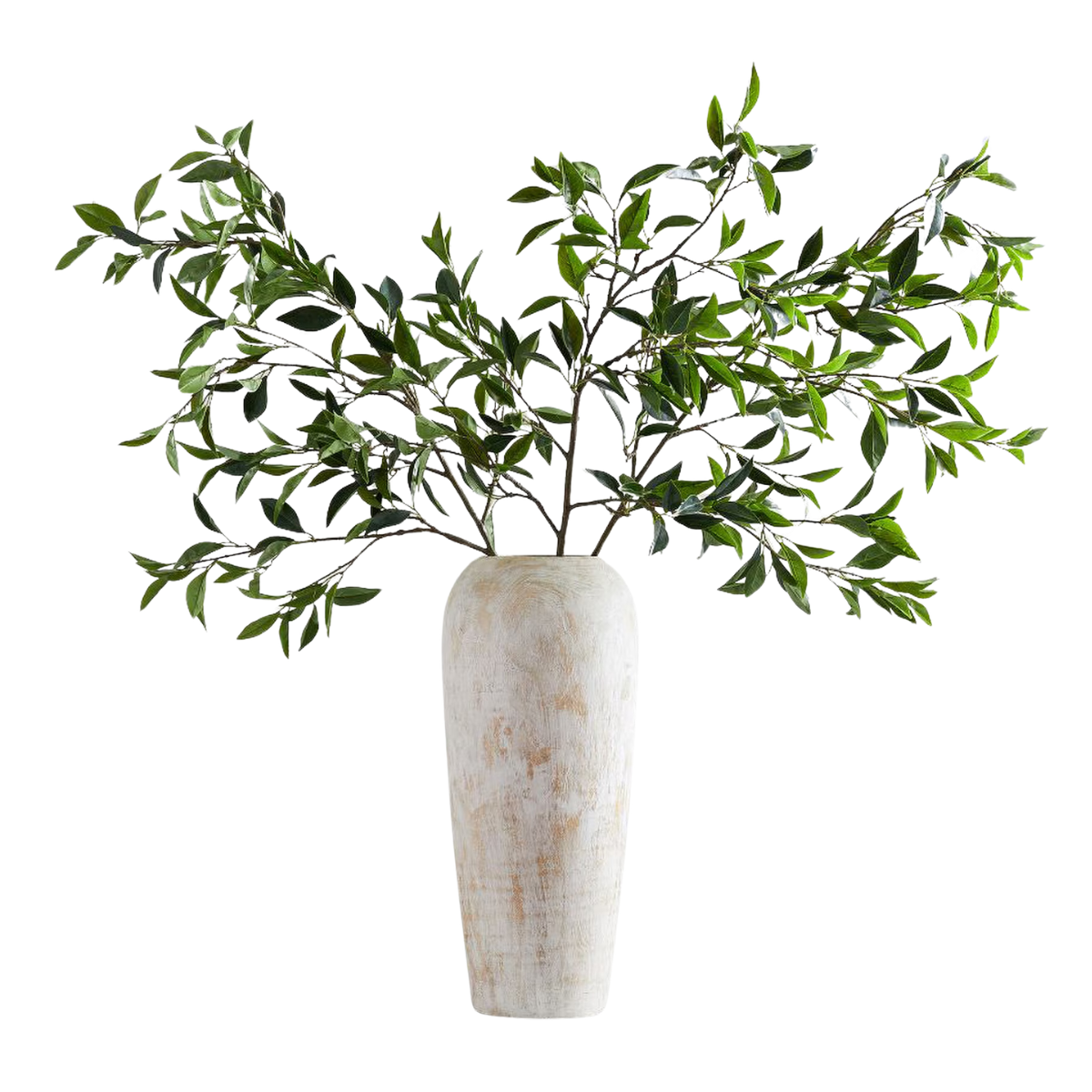 a large faux bay leaf branch in a tall beige stone vase
