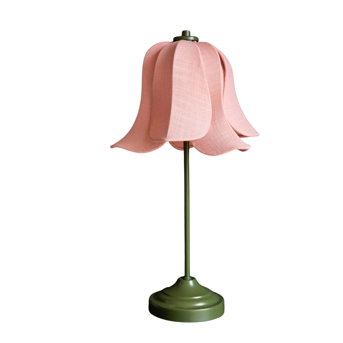 a green lamp with a pink lampshade in the shape of petals