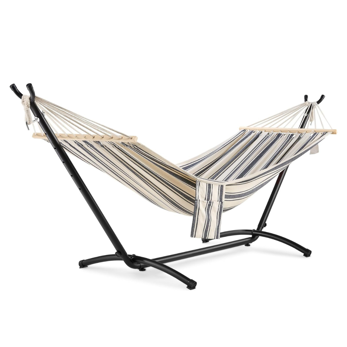 a striped hammock with a black stand