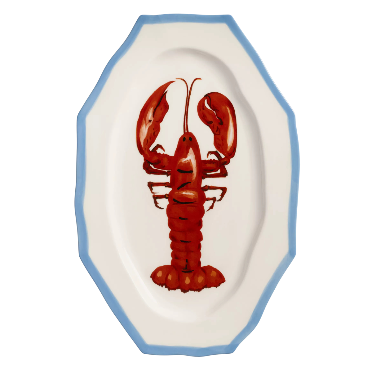 an oval serving platter with a painted red lobster and a blue rim
