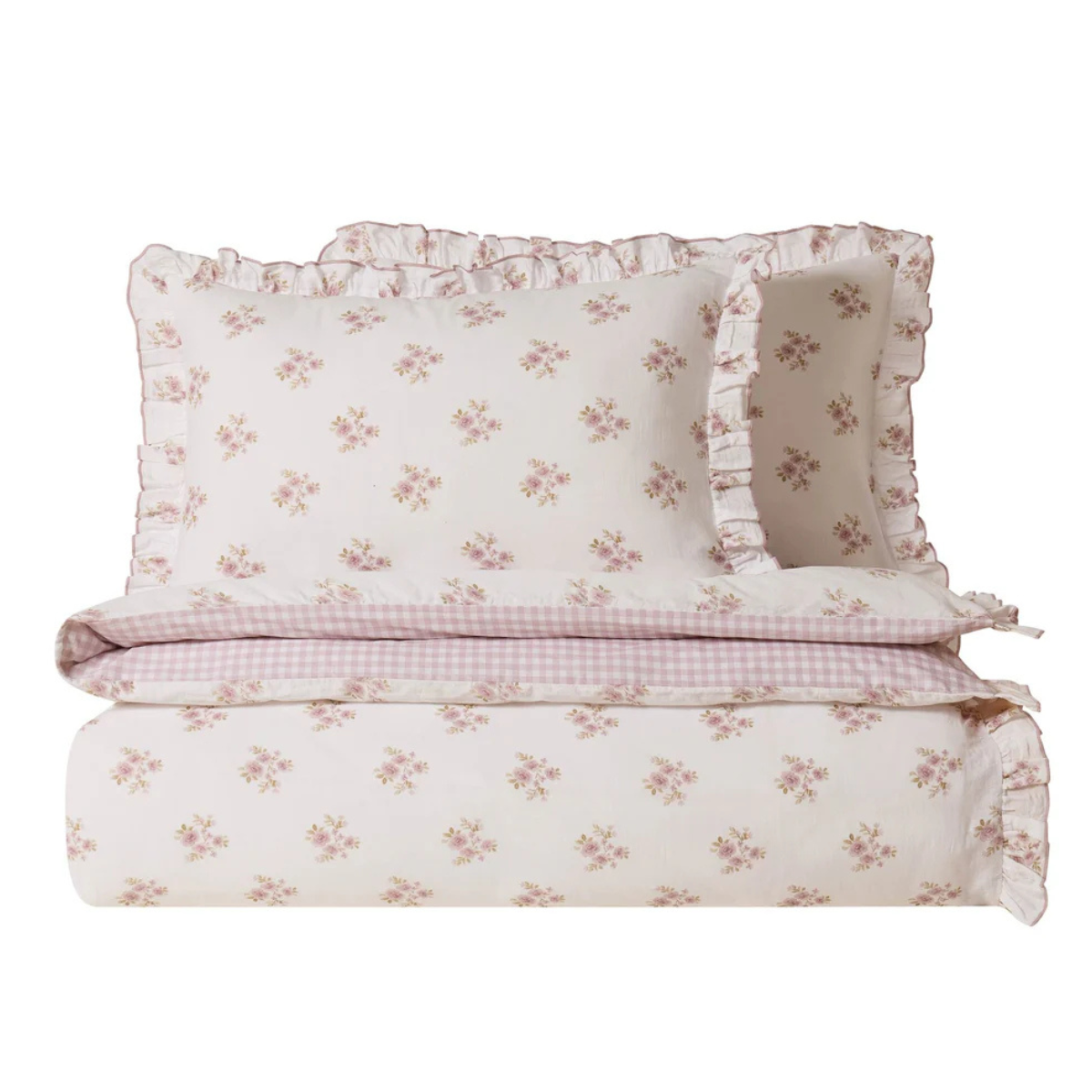 Mini Bouquet Muslin Duvet Cover Set with ditsy floral and pink gingham print