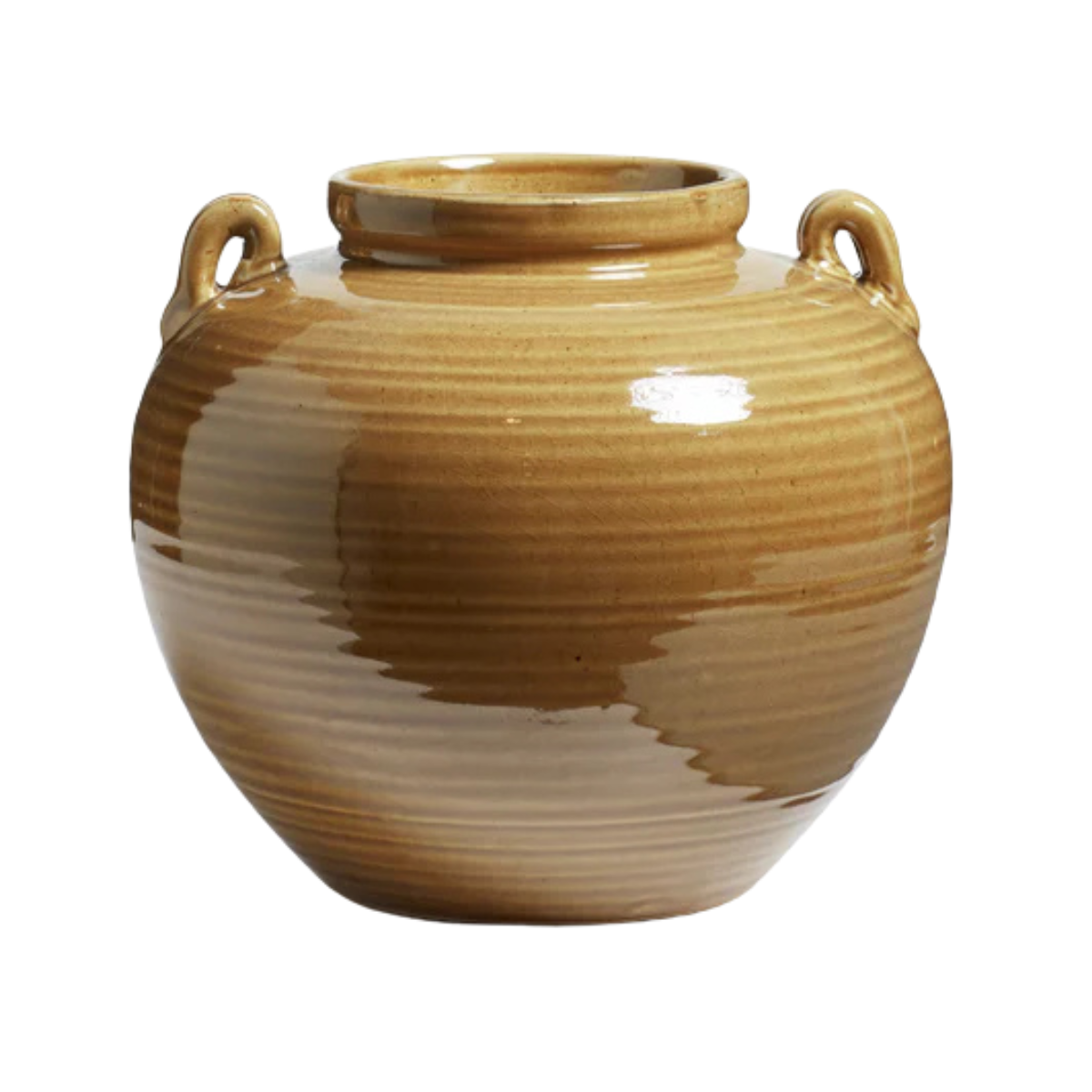 LARGE MUSTARD YELLOW RIBBED VASE WITH HANDLES