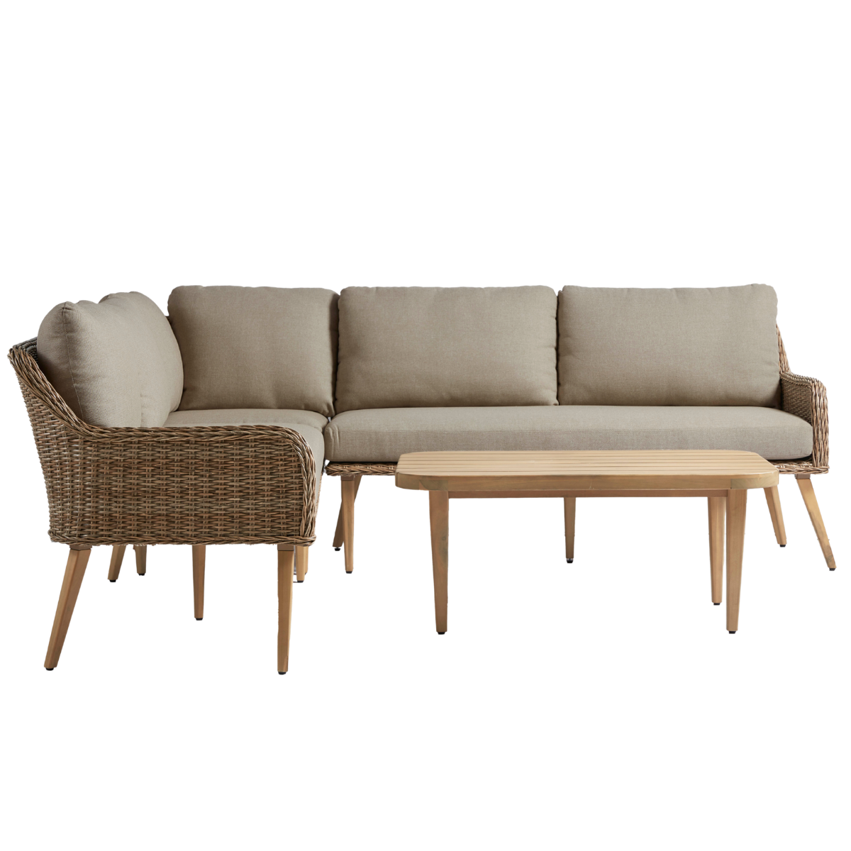 a rattan outdoor sofa set with a wooden coffee table