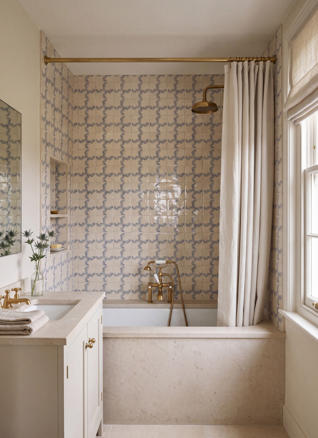 a neutral bathroom with cream and blue bordered tiles behind the bath, gold hardware, a cream shower curtain, cream marble bath and vanity and cream vanity cupboards