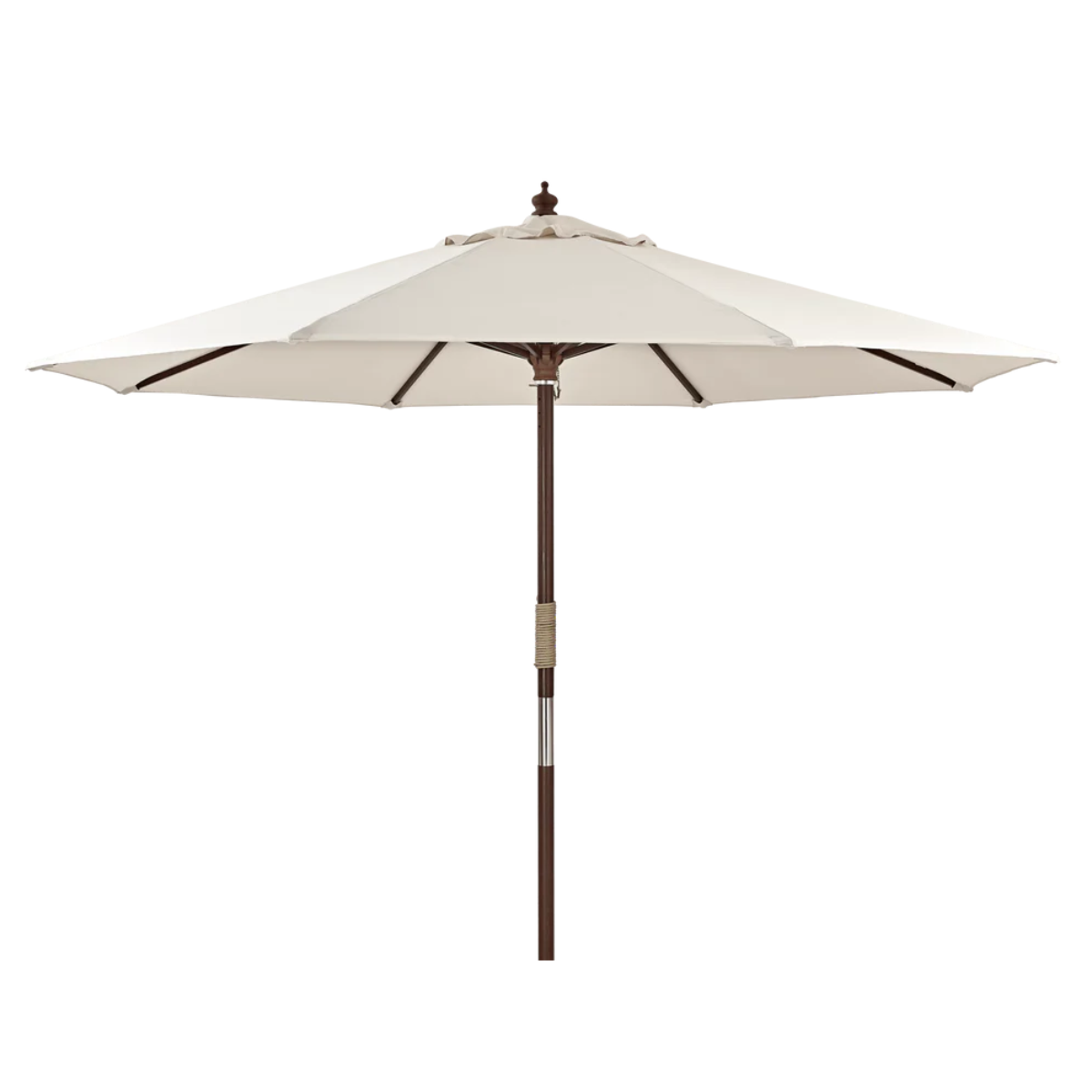 a neutral garden parasol with a dark wood pole