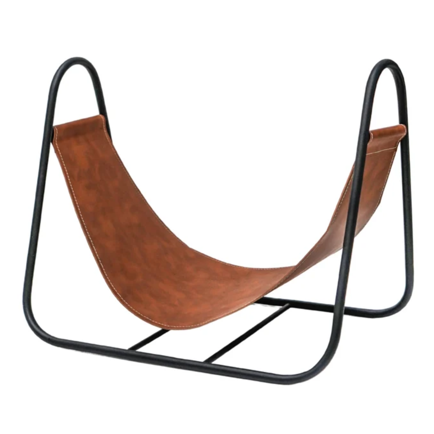 black iron log holder with brown leather