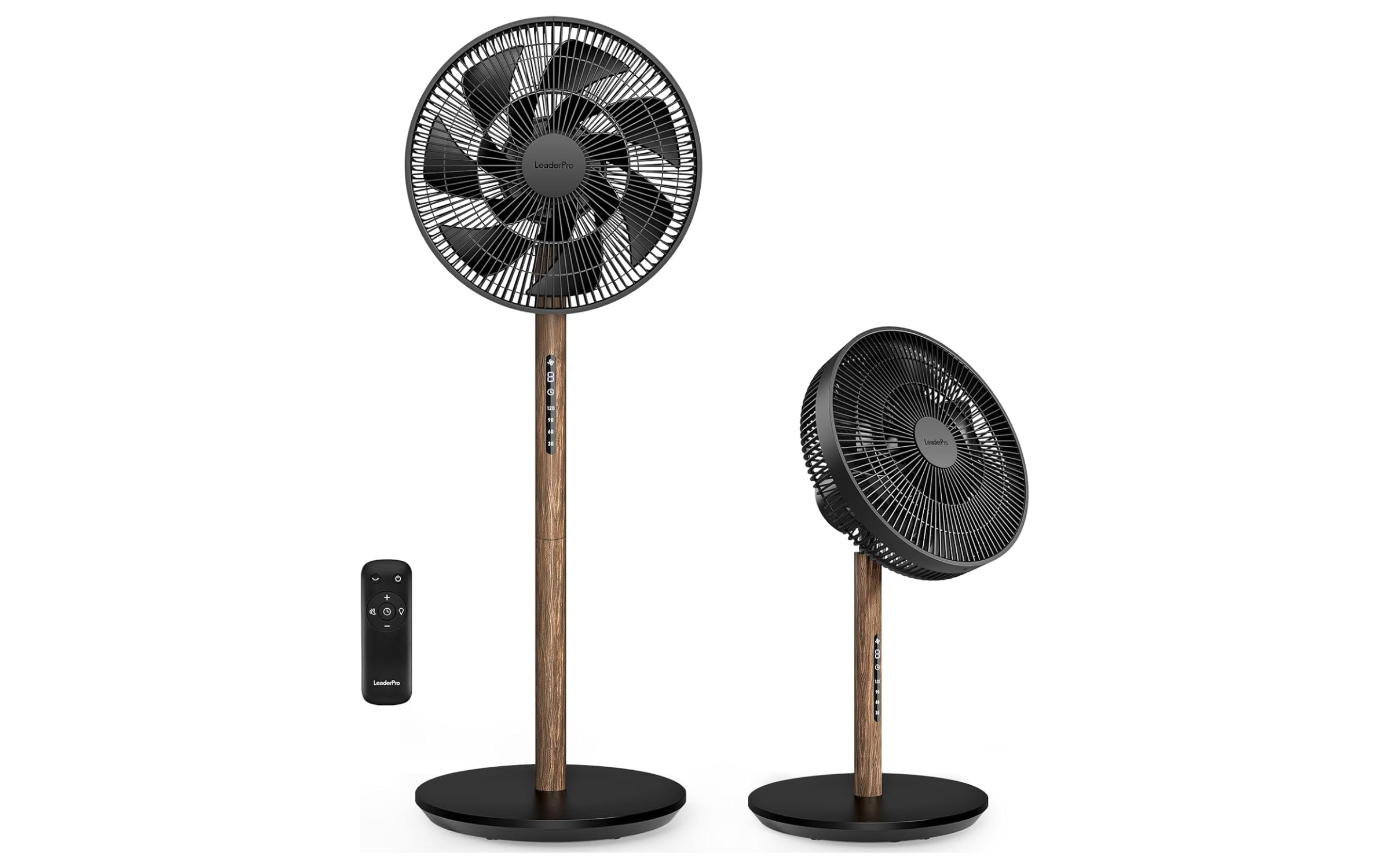 LeaderPro Oscillating Remote Control Fan in two different height settings on white background