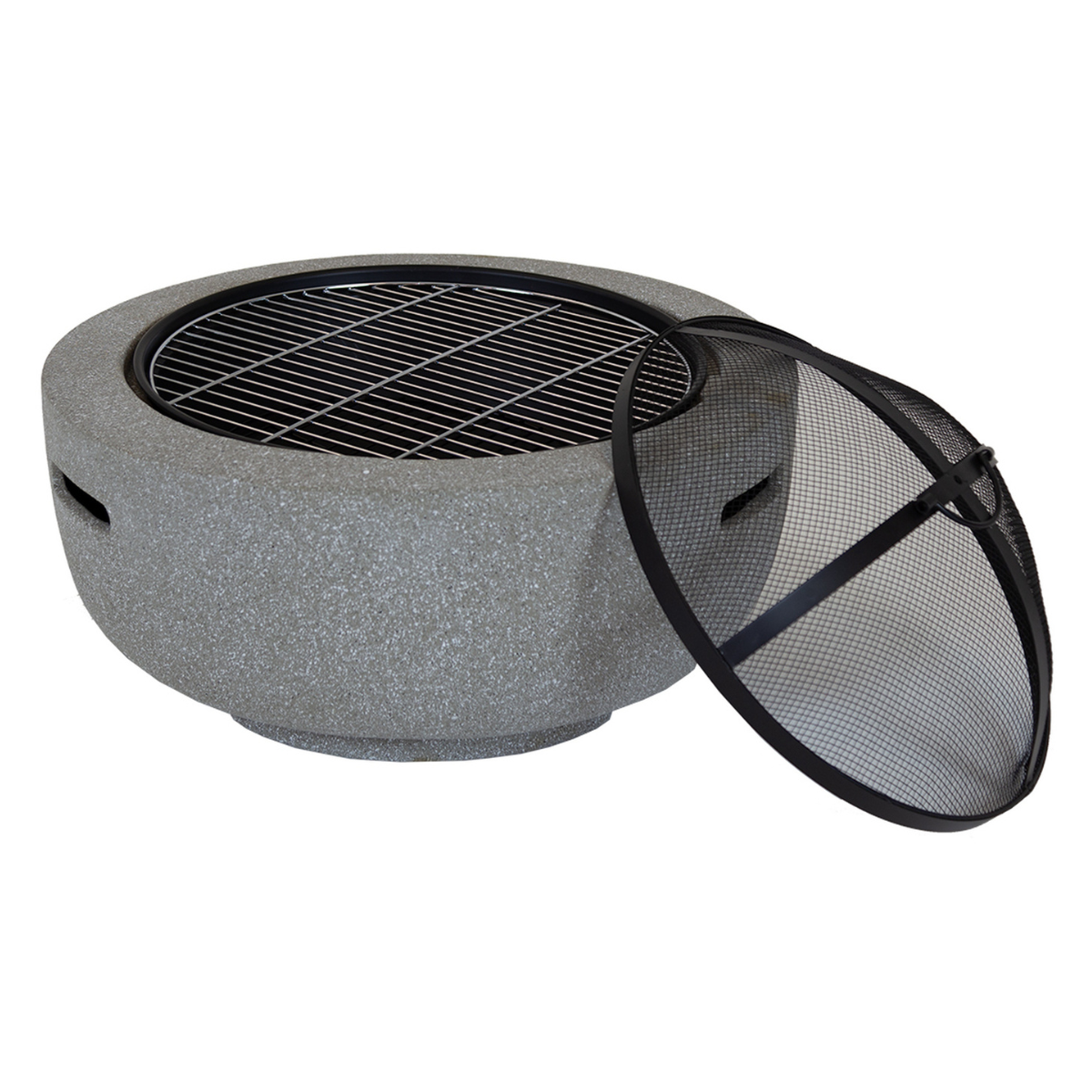 a round grey stone fire pit with a grill and the wire mesh lid leaning on the side