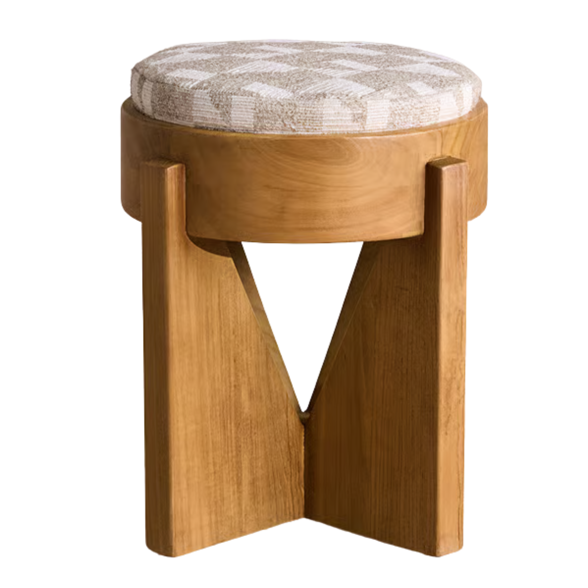 a wooden stool with a cream and beige geometric seat pad