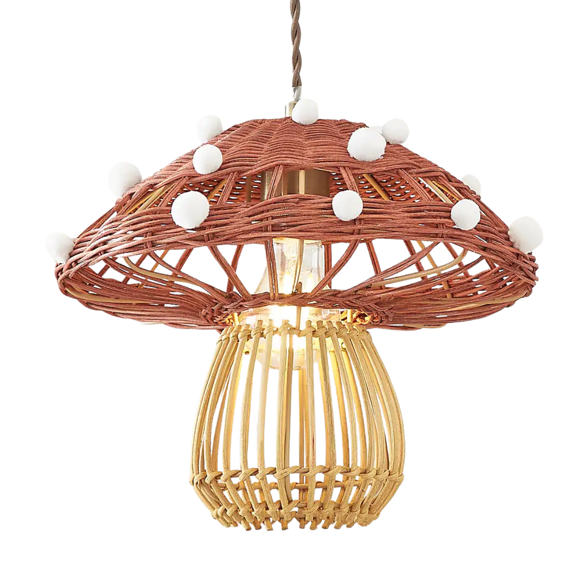 a brown and red rattan lampshade in the shape of a toadstool