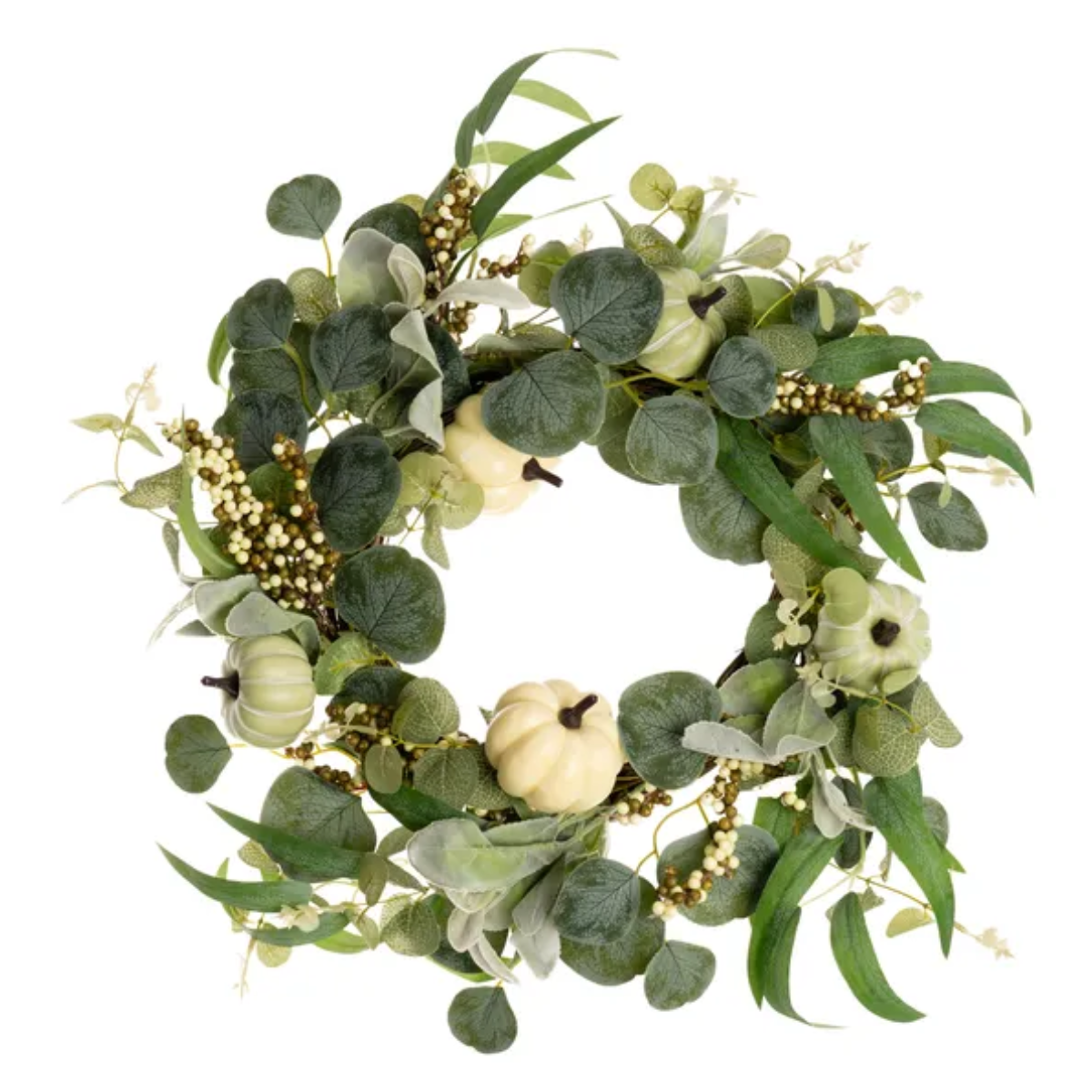 faux green wreath with white pumpkins
