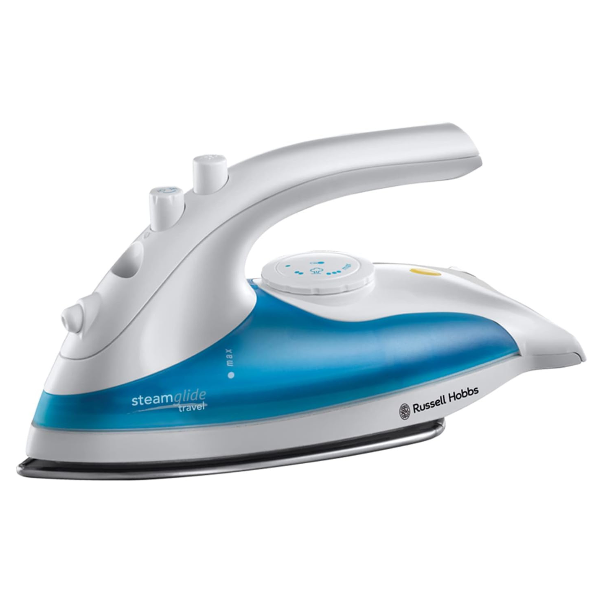 blue and white travel iron