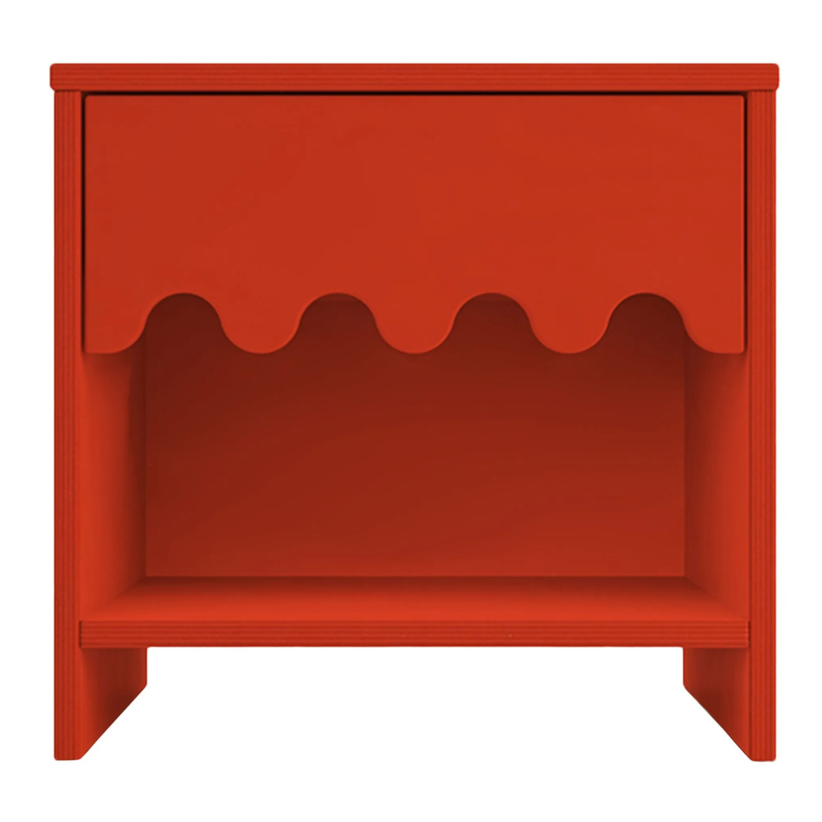 bright red bedside table with wavy drawer
